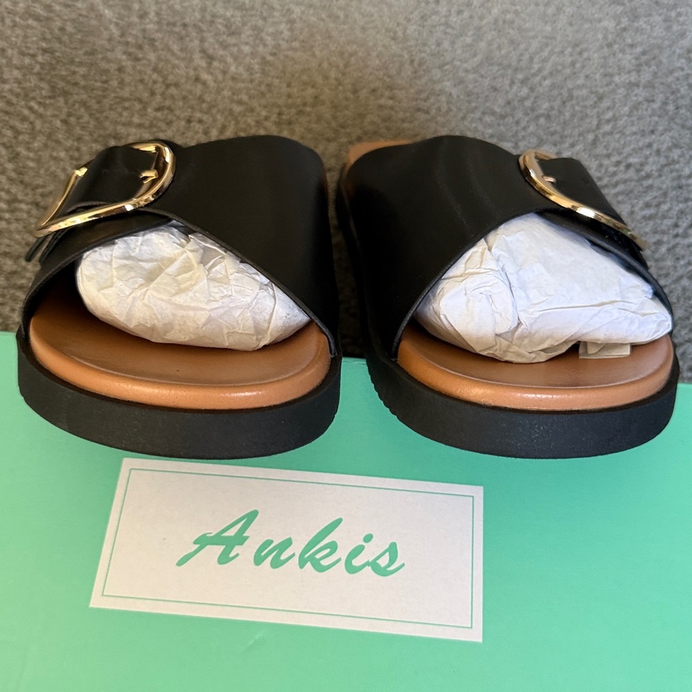 Ankis Timeless Classic Slides, Gold-Tone Buckles. New in Box! Black. Size 11 - Picture 3 of 11